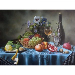 Натюрморт с цветами, вином и фруктами