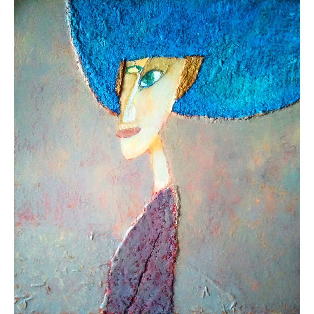 Портрет девушки в большой синей шляпе