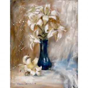 Белые цветы в синей вазе из серии «Бабушкин сад»